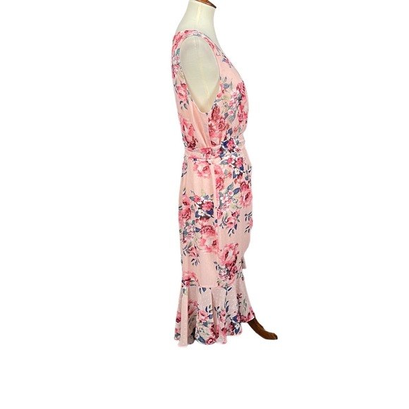 Eliza J Dress Women 18 Fits 14/16 Pink Floral Ruched Chiffon Faux Wrap Swiss Dot - Picture 3 of 15